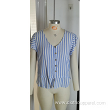 Blue Stripe V Shirt Short Sleeve Waist Top